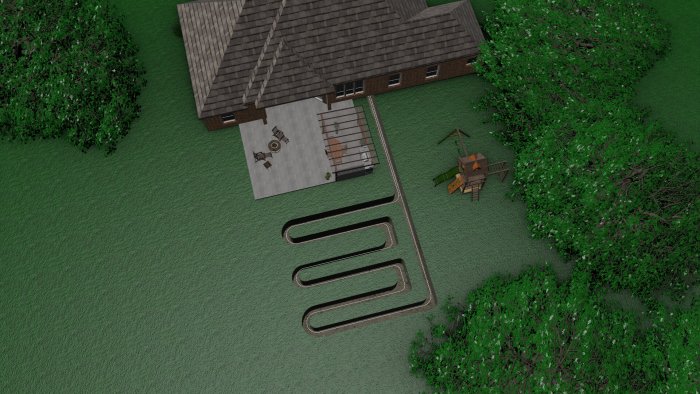 Computer rendering of how a geothermal heat pump and its ground loop connect